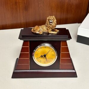 Vintage Wooden and cast bronze Table Top clock with Lion Figure